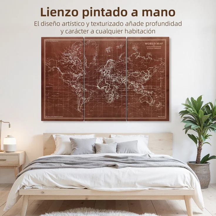 MELAYR, Handgefertigte Triptychon-Leinwandgemälde im Vintage-Stil, Weltkarte, 120 x 60 cm, 60 x 3,5 x 120 cm, Braun – Bild 6