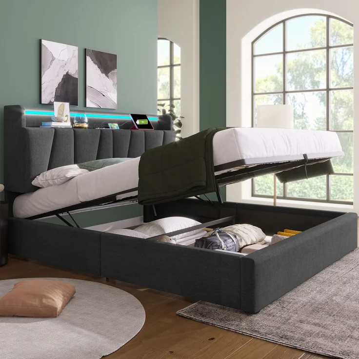 Polsterbett 140x200 cm mit Steckdosen, USB, RGBW-LED-App-Steuerung, Stauraum-Kopfteil & Bettkasten, Stoffbett Grau – Bild 2