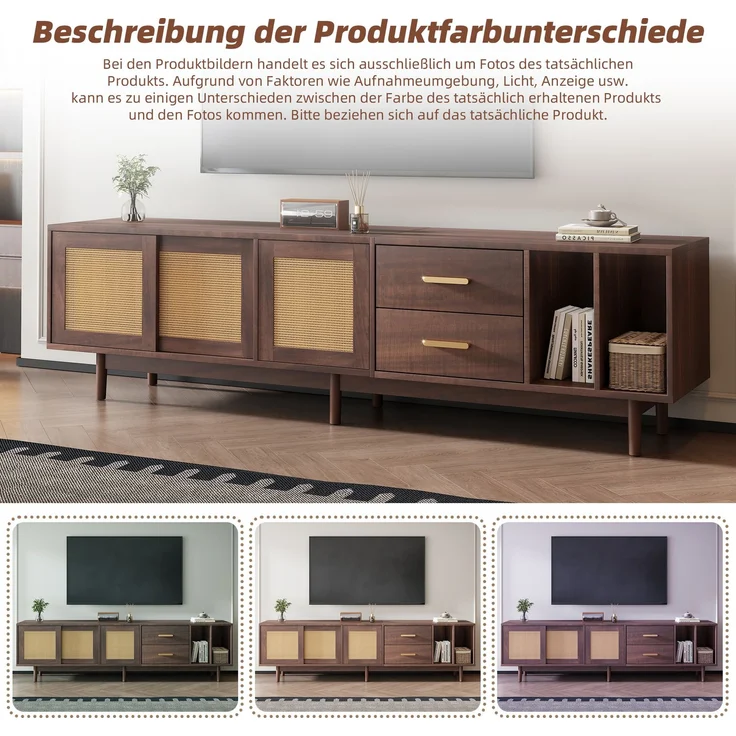 TV Schrank Lowboard 190x40 cm Braun Spanplatte Rattan Türen 3 Türen 2 Schubladen halboffen Wohnzimmer Board – Bild 8