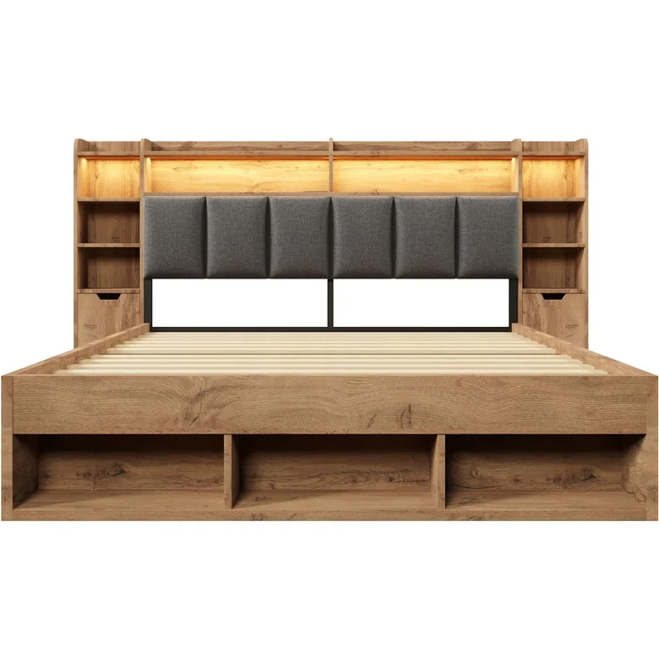 Merax 180x200 cm Doppelbett, Polsterkopfteil mit LED-Beleuchtung, Nachttische mit USB- und Type-C-Anschlüssen, Stauraum und Rollschubladen, Lattenrost aus Holz, Eichefarbe – Bild 7