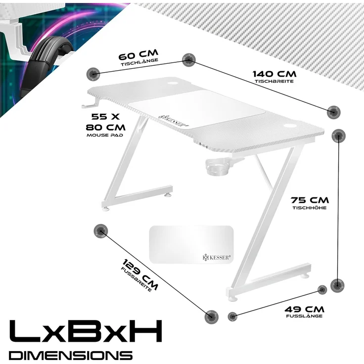 KESSER® Gaming Tisch LED | Z-Form Gamer Schreibtisch | Kopfhörerhaken & Kohlebeschichtung | Ergonomischer PC Computertisch | Stabiler Tisch mit Mauspad & Getränkehalter Weiß Carbon, 140 x 60 cm – Bild 2