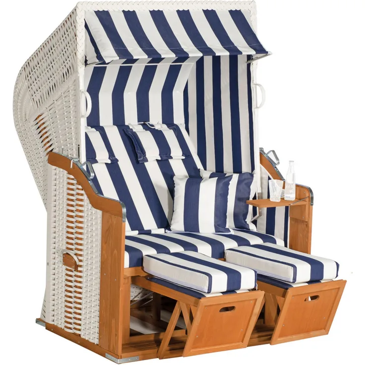 SunnySmart Garten-Strandkorb Rustikal 250 PLUS 2-Sitzer weiß/blau mit Kissen