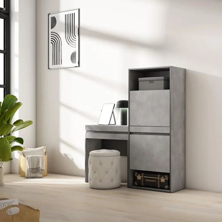 Skraut Home | Schuhregal, Schuhschrank | Schuhaufbewahrung | 130x145x35 cm | Für Schlafzimmer, Zimmer | Schminktisch | Moderner Stil | Zement – Bild 3