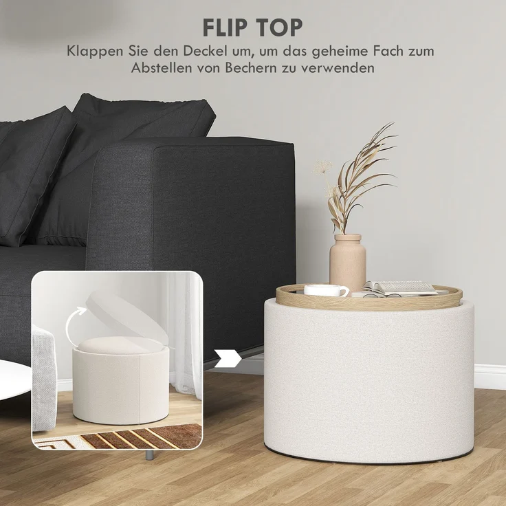 HOMCOM Sitzhocker mit Stauraum, Klappdeckel, Leinenoptik, Polsterhocker, Cremeweiß, 56 x 42 x 42 cm – Bild 4