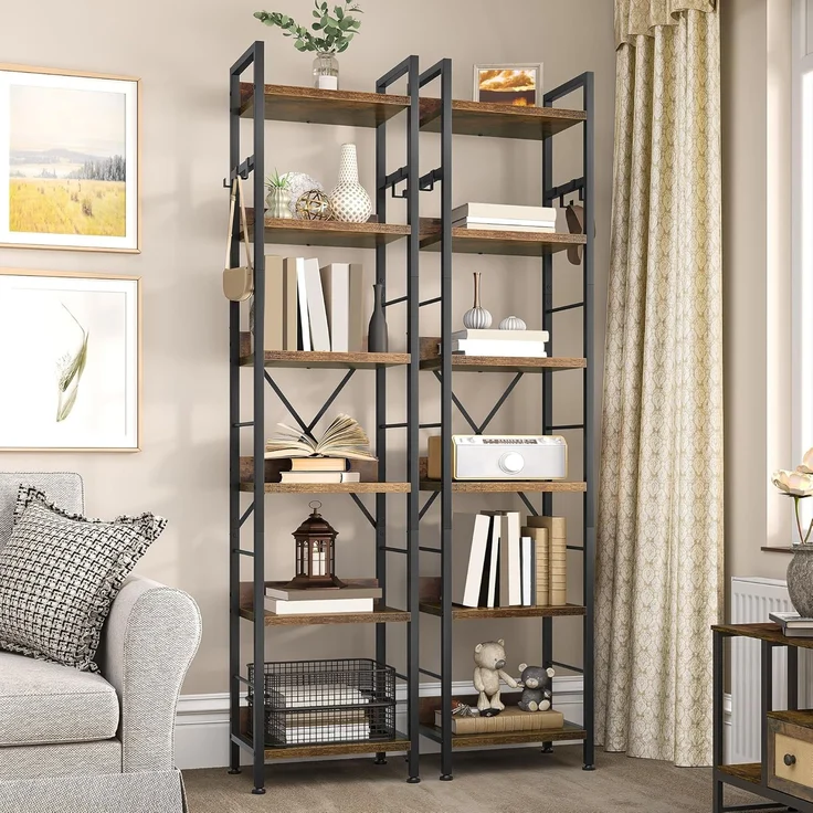 YITAHOME Bücherregal mit 6 Ebenen, bodenstehendes Bücherregal mit 4 Haken, Holzregal und Metallrahmen, Bücherregal, industrielles Hochregal, Aufbewahrung für Wohnzimmer, Heimbüro, Vintagebraun – Bild 3