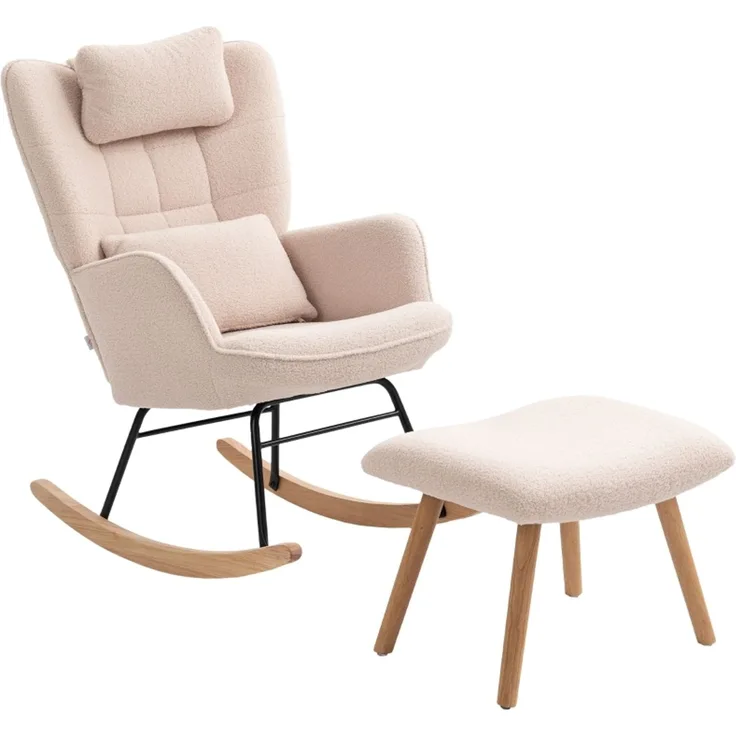 Schaukelstuhl mit Fußhocker, weicher Fleece-Bezug, Holzbeine, Kissen, hohe Rückenlehne, Schaukelsessel, Beige--Beige--101.5x70.5x99.5cm--YOUDENOVA