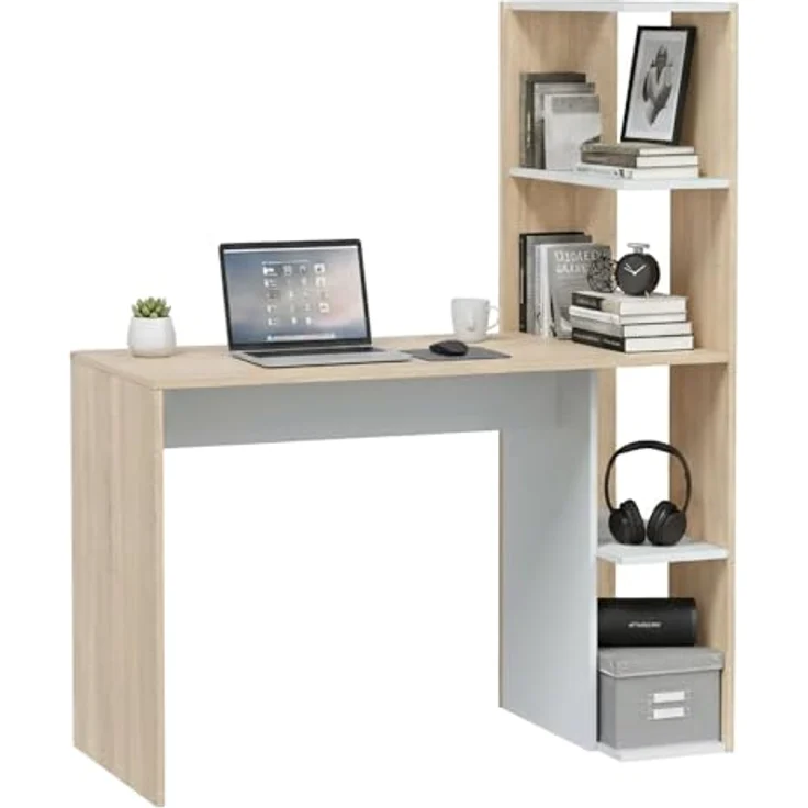 Dmora - Pittston Schreibtisch, linearer Schreibtisch mit Bücherregal, platzsparender Mehrzweck-Bürotisch, 110 x 52 x 136 cm, Weiß und Eiche – Bild 4