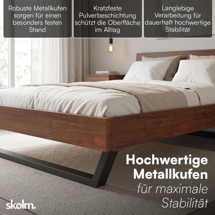 skølm 'Alver' Bett 140x200 cm, Bettgestell, natur geölt, Massivholzbett aus Eiche mit Metallkufen, Walnuss Optik, Bettkopf 1 Strebe – Bild 3