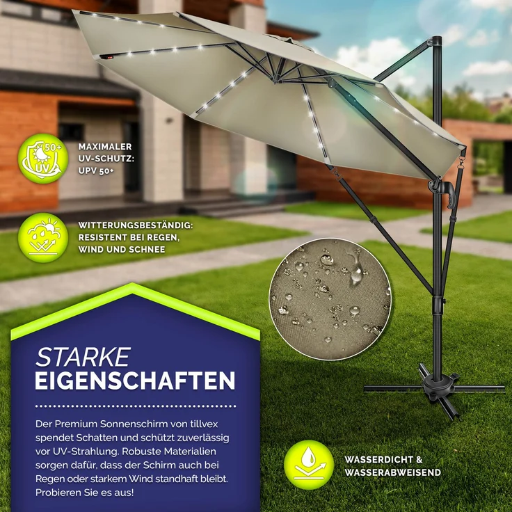 tillvex® Premium Alu Sonnenschirm 330 cm Braun + Abdeckung & Windsicherung | Ampelschirm 6-Fach Verstellbar mit Kurbel | Gartenschirm 360° Drehbar Neigbar Kippbar | Kurbelschirm UV50+ Groß wasserdicht – Bild 2