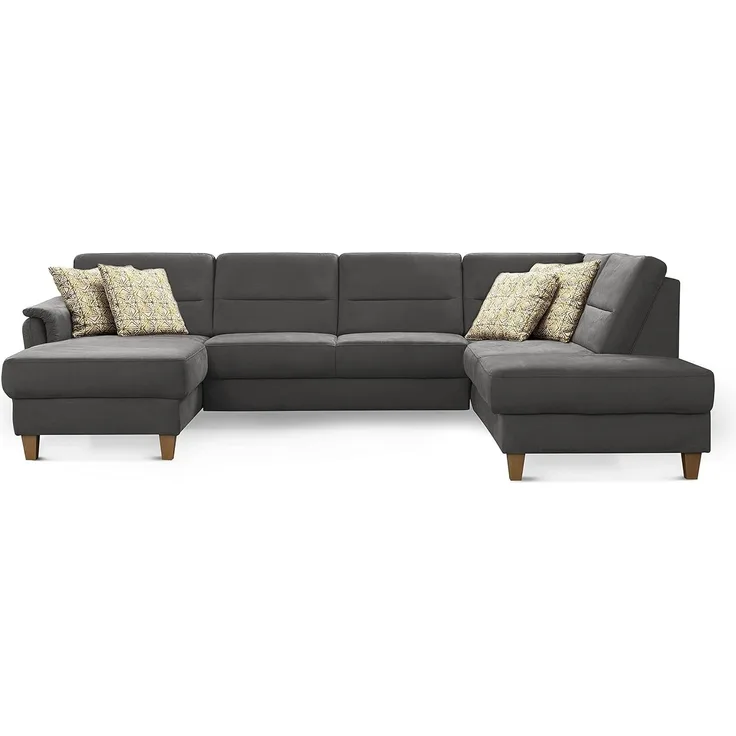 CAVADORE Wohnlandschaft Palera / U-Form Sofa mit Schlaffunktion, Stauraum und Federkern / 314 x 89 x 212 / Mikrofaser, Grau