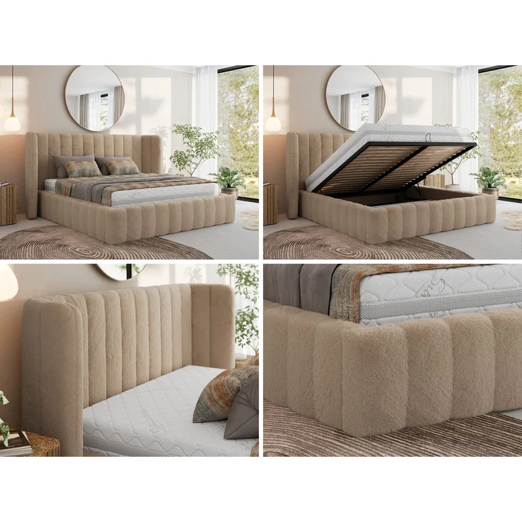 Polsterbett GOLETTA CLASSIC 200 x 200 cm mit gepolstertem Kopfteil, stabilem Bettrahmen, Lattenrost und Bettkasten mit Gasdruckfedern, Doppelbett, zeitloses Design Foam Matratze - Beige Plüsch - MIRO LUX – Bild 2