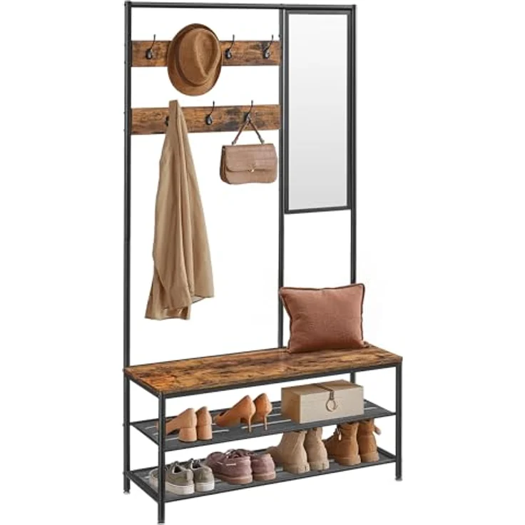 VASAGLE Kleiderständer, Garderobe, Garderobenständer mit Haken, Spiegel, Sitzbank, 35 x 98 x 180 cm, für Eingangsbereich, Schlafzimmer, Wohnzimmer, Industrie-Design, vintagebraun- schwarz HSR415B01 – Bild 2