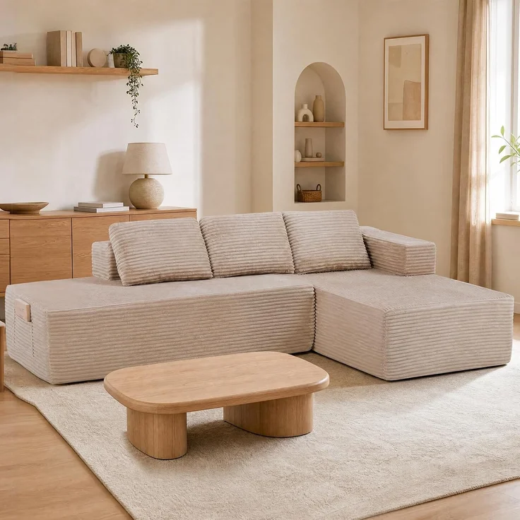 COMHOMA Ecksofa mit Schlaffunktion, 255cm Corduroy Modulares Boneless Couch mit Chaiselongue & Rücken-Metallgestell, L-Form Schlafsofa mit offenem Design, Kissen & Seitentaschen,für Wohnzimmer, Beige-L – Bild 8