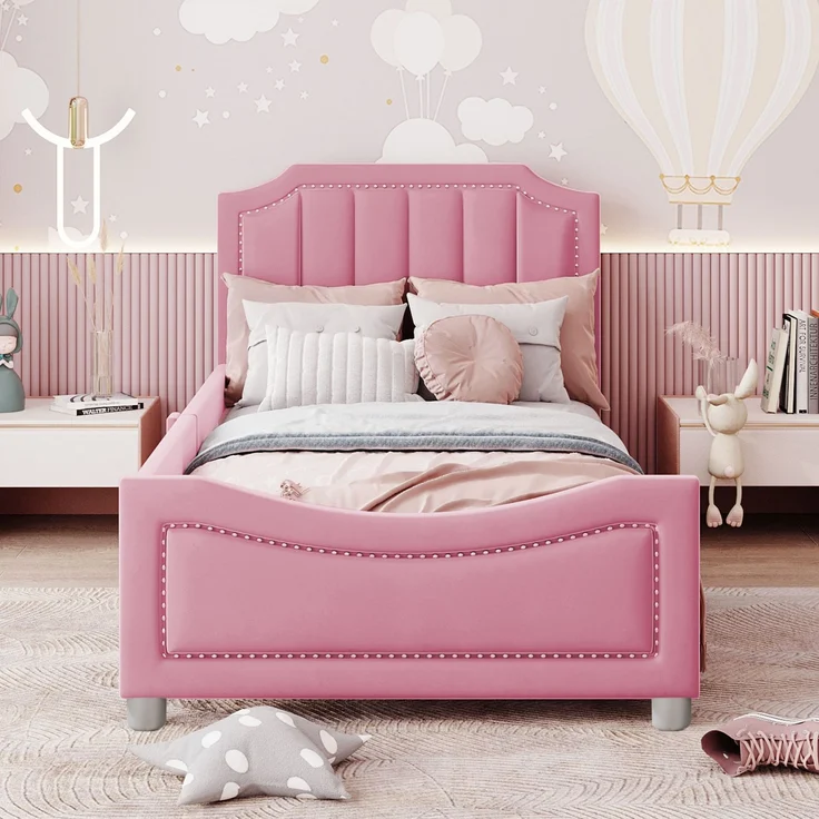 Kinder Polsterbett mit Bogendesign, Flanellbezug, dekorativen Nieten, weichem Rahmen, vielseitig nutzbar als Schlafsofa – Bild 2