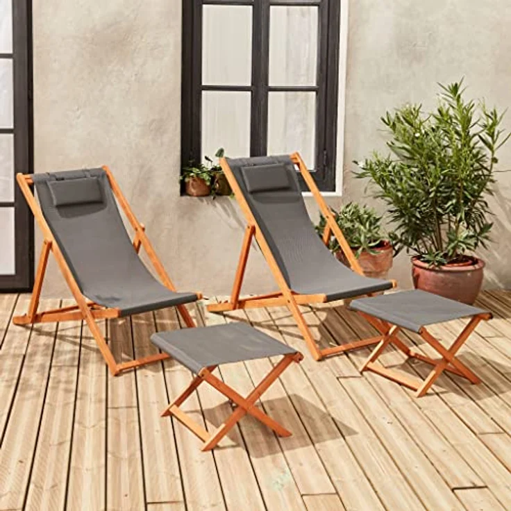 Alice's Garden Creus, 2er-Set Liegestühle aus geöltem Eukalyptus, Multi-Position mit Kopfstützpolster in Grau und Fußstütze – Bild 4