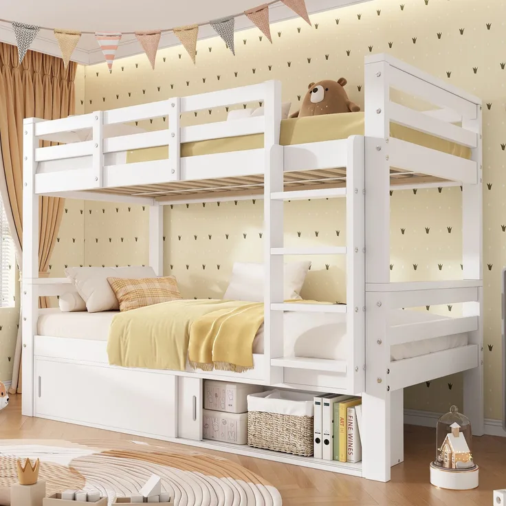 Teilbares Etagenbett mit Schutzgeländern, 2 Liegeflächen 90×200 cm, Weiß, ohne Matratzen