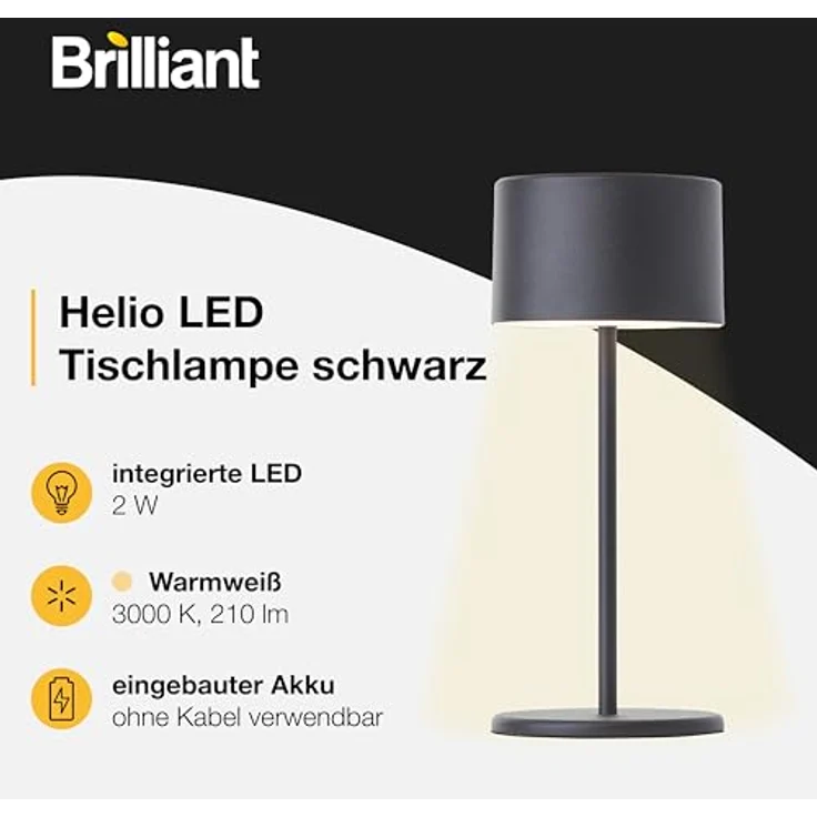 Brilliant LED Tischlampe schwarz Dimmbar & mit Akku Mobile Innenleuchte mit drei-Stufen-Touchdimmer Warmweißes Licht, stilvolles Design, energiesparend & flexibel einsetzbar - per USB aufladbar – Bild 4