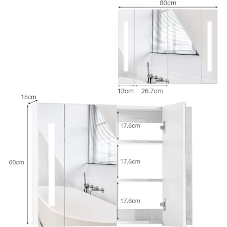 TUKAILAI LED Spiegelschrank Bad 80 x 15 x 60 cm, IP44 Wasserdicht, Stecker Stromversorgung, Moderner Badezimmerschrank mit 3 Lichtfarben, 2 Türen, 3 Verstellbaren Regalen, HD-Spiegel für Badezimmer – Bild 3