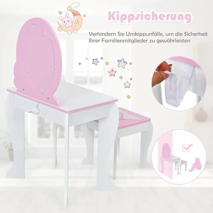 FANTASK Kinderschminktisch mit Schublade und abnehmbarem Spiegel, Prinzessinnenschminktisch mit Hocker, rosa und weißer Schminktisch für Mädchen von 3-7 Jahren – Bild 6
