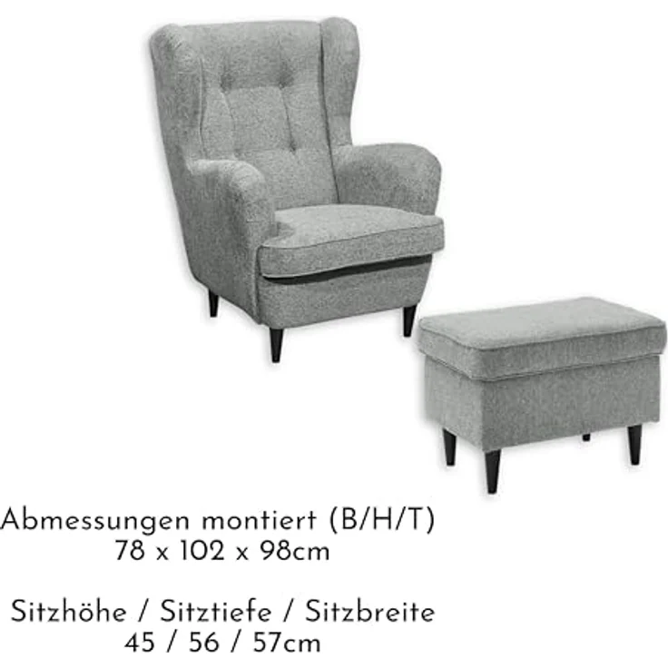 OSKAR Ohrensessel inkl. Fußhocker, Hellgrau - Vintage Wohnzimmer Sessel Set mit Massivholz Füßen - 78 x 102 x 98 cm (B/H/T) – Bild 5