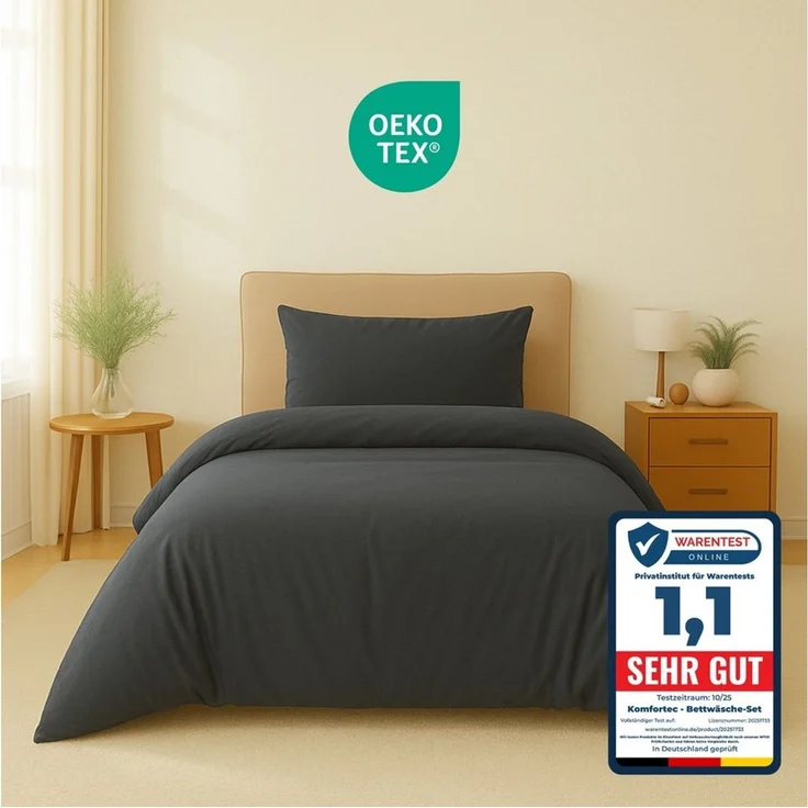 Komfortec Premium Bettwäsche 155x220 mit 1 Kissenbezug 40x80 cm Set aus Gebürstetes Mikrofaser - Anthrazit – Bild 1