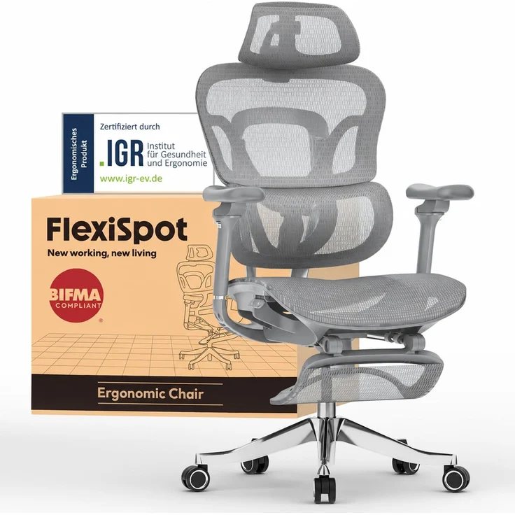 FLEXISPOT Ergonomischer Stuhl bis 300 kg, mit Fußstütze 4D Kopfstütze & 5D Armlehnen,Einteiliger Rücken- & Lendenstütze Bürostuhl für Büro und Gaming, ErgoX Max, Grau