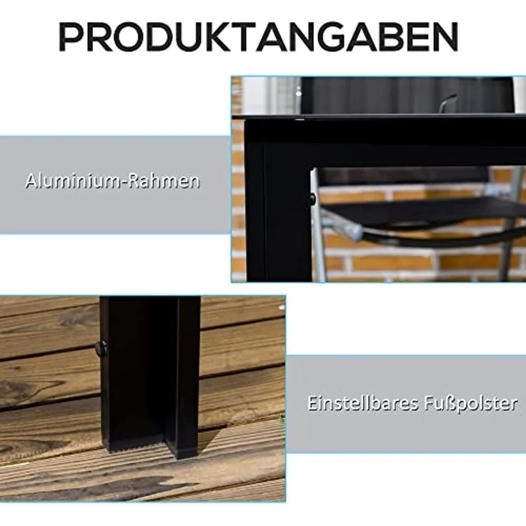 Outsunny Gartentisch Garten Esstisch für 6 Personen, Balkontisch (Partytisch aus Alu, 1-St, Terrassentisch mit Glastischplatte), Schwarz, 150 x 90 x 74 cm – Bild 5