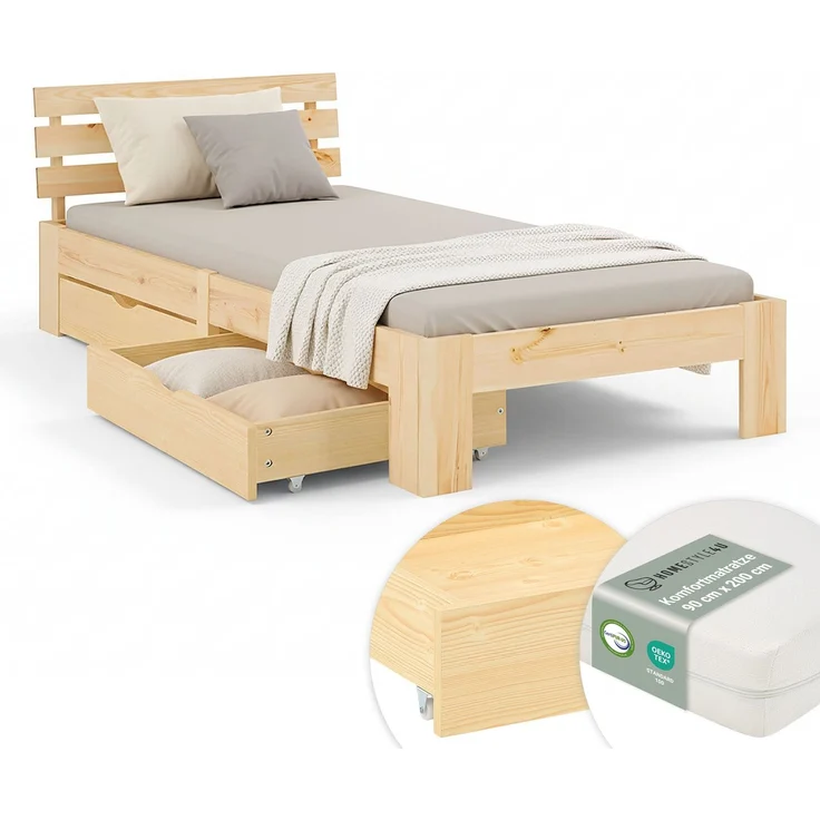 Holzbett 90x200 mit Matratze 2 Bettkästen Bett Natur Holzbett Bettgestell Futonbett Jugendbett Einzelbett – Bild 1