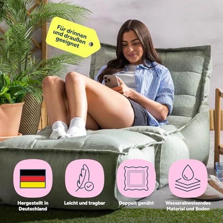 icon Sitzsack Sitzsackgarnitur mit Liege und Fußhocker „Dolce“ (Spar-Set, 1 x Sitzsack, 1 x Fußhocker), 75x75x96cm, Made in Germany, UV-beständig, wetterfest – Bild 5