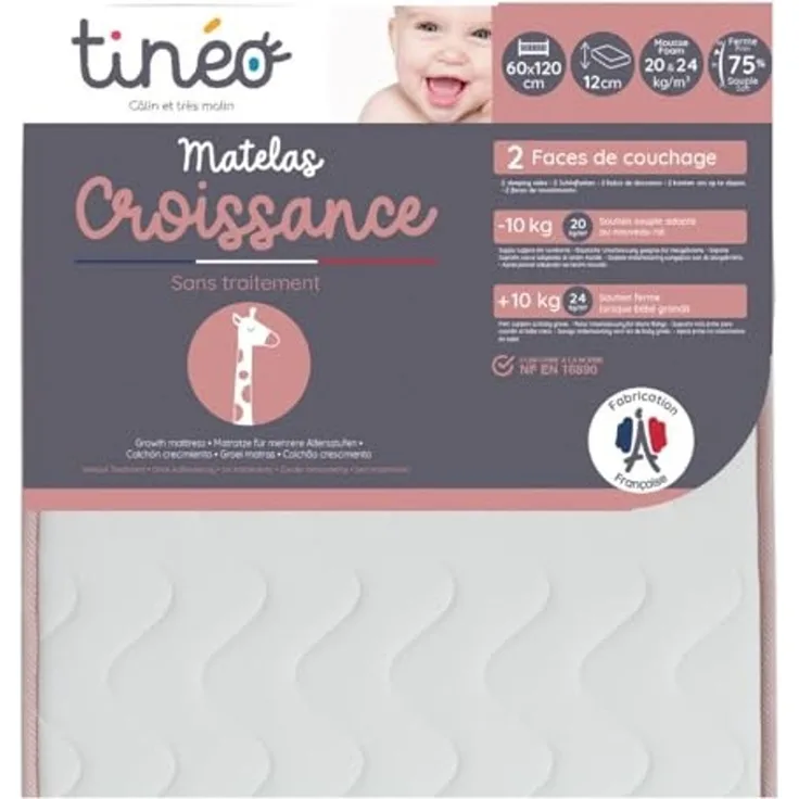 Tinéo – Babymatratze Wachstum 60 x 120 x 12 cm – Angepasst an das Wachstum des Babys – Fest – 2 schlafseiten: Dichte 16 kg/m³ und 24 kg/m³ – Keine Behandlung, Weiß