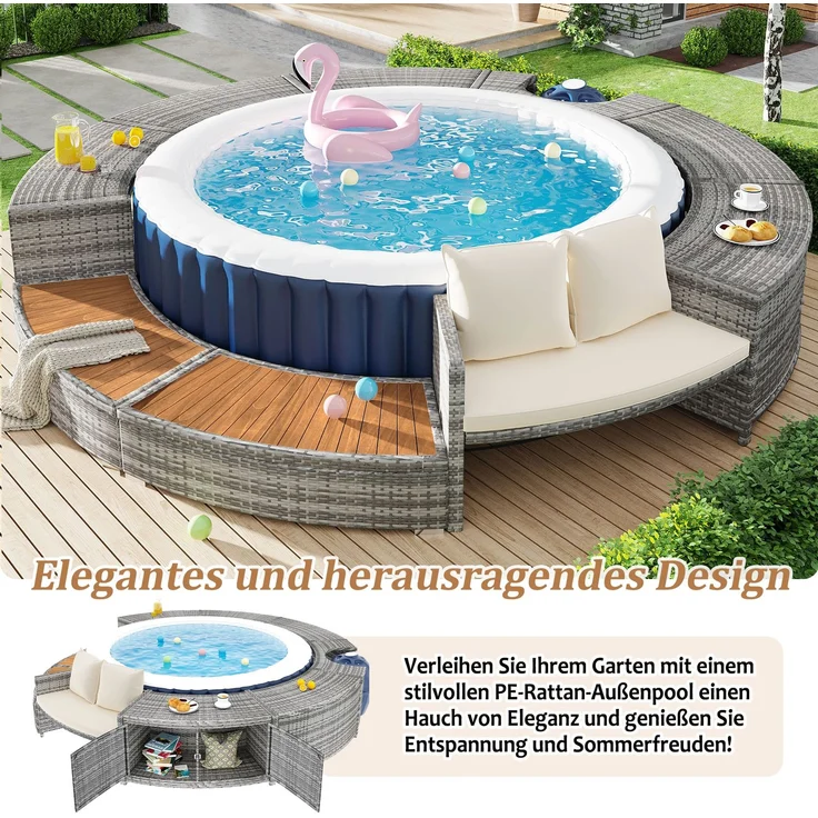 Merax Garten-Lounge-Set mit runder Couch, Gartenmöbel-Set, Poolumrandung, Lounge-Set, für Whirlpool und Pool, mit verstellbaren Füßen, inklusive Kissen, Möbel für Terrasse, Garten oder Poolbereich – Bild 5