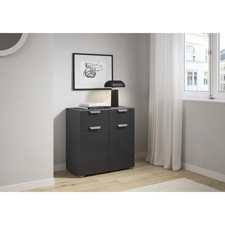 rauch Aditio Box, Kommode, 2-türig, 2 Schubladen mit Glasfront, mit Softclose-Funktion, Farbe Grau metallic, BxHxT 80x81x42cm – Bild 2