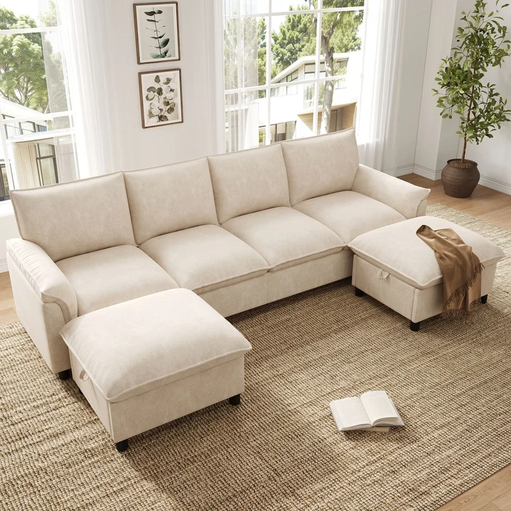 ZUBALIYA Modulare Wohnlandschaft, mit Stauraum, modular kombinierbar, mit Hocker, H 84 × T 142.5 × B 264.5 cm, Beige, Chenille – Bild 9
