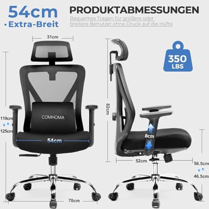 COMHOMA Bürostuhl Ergonomisch [TESTSIEGER], Schreibtischstuhl mit 3D-Kopfstütze & 3D-Lendenwirbelstütze, verstellbare Armlehnen, Office Chair mit Wipp- und Kippfunktion – Bild 2