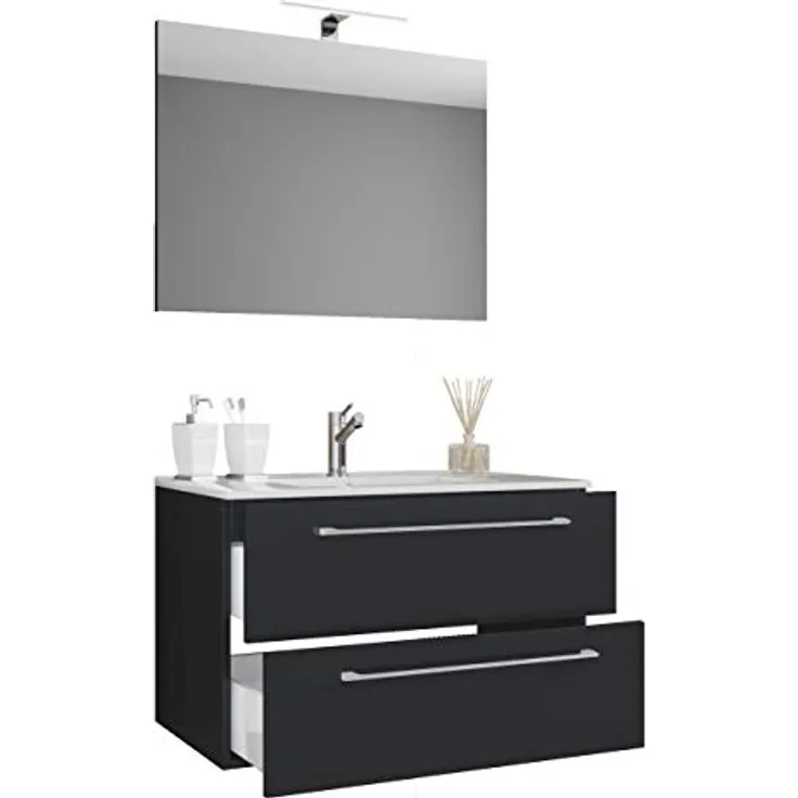 VCM Badmöbelset Badinos, 3-tlg. mit Waschplatz, Keramikwaschbecken und Spiegel aus ESG-Sicherheitsglas, 2 Schubladen, Korpus in Melamin