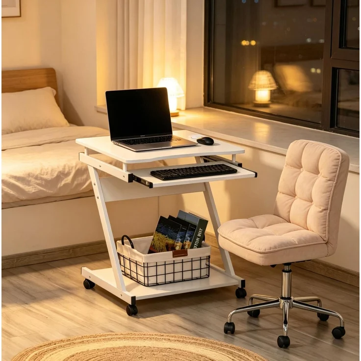 Computerschreibtisch mit Tastaturauszug & Rollen, 60x48x73 cm, Weiß – Bild 2