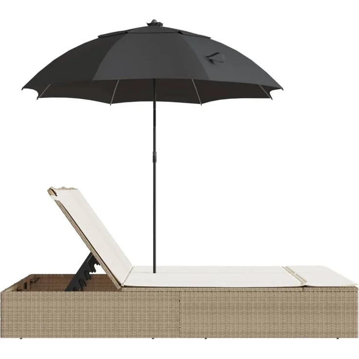 Doppel-Sonnenliege, Gartenliege mit Kissen & Sonnenschirm Beige Poly Rattan – Bild 5