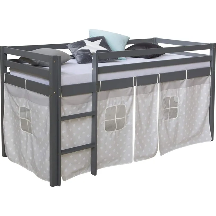 Hochbett Spielbett Kinderbett Kiefer Leiter Vorhang grau 90x200