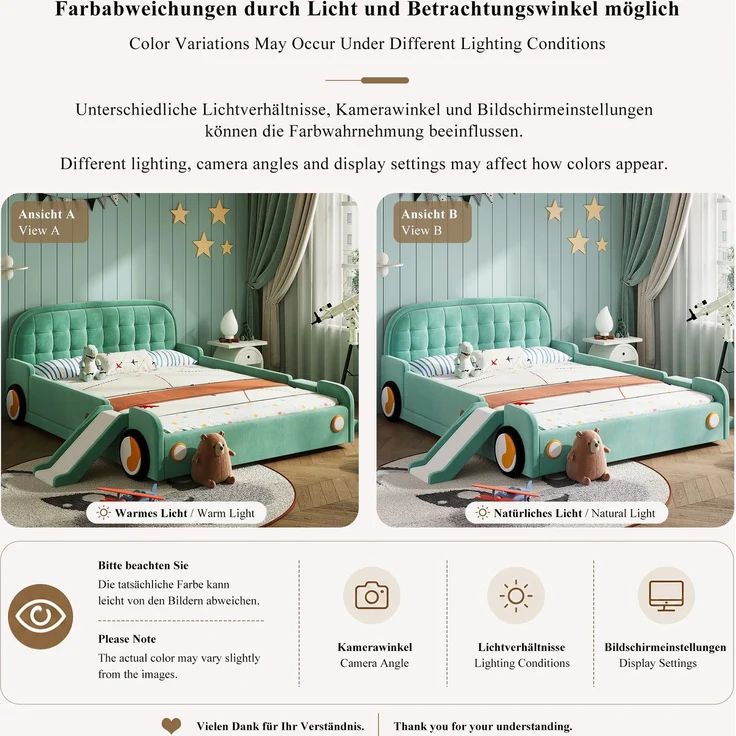 Kinderbett, Autobett mit Rutsche und Treppe, links/rechts montierbar, weiches Polsterbett in Blaugrün, Spielbett mit Fallschutz für Kinderzimmer, 140x200 cm – Bild 8