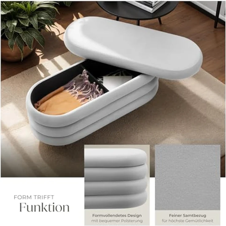 tectake® Sitzbank mit Stauraum, Scandi Samt Sitzhocker, Hocker mit Stauraum, Pouf, Polsterhocker, Sitztruhe, Truhe mit Deckel, Truhenbank mit Stauraum, Möbel Wohnzimmer - Samtoptik grau – Bild 5