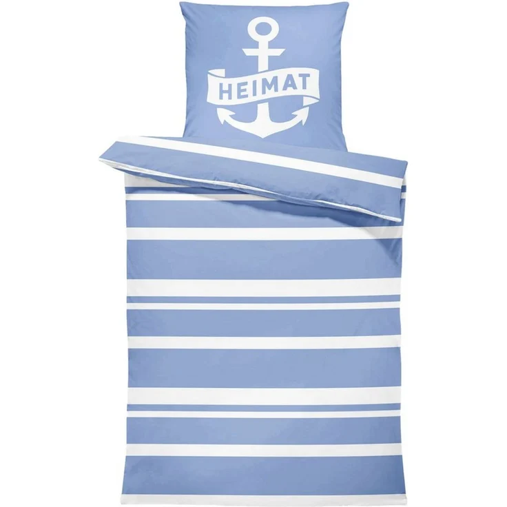 One Home Bettwäsche Maritim Heimat, Mikrofaser, 2 teilig, Knitterfrei Weich, Anker Gestreift Streifen Marine blau weiß – Bild 1