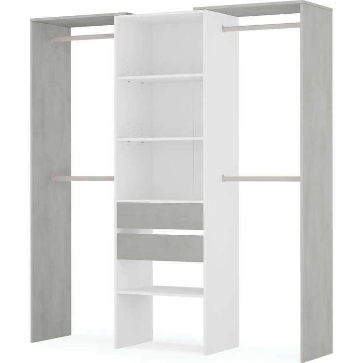 Habitdesign, offener Kleiderschrank mit 2 Schubladen – modernes Garderobensystem mit Kleiderstangen und Einlegeböden, in Artik weiß und Zementgrau, Maße: 179 x 202 x 50 cm (B x H x T), Modell Tidy – Bild 6