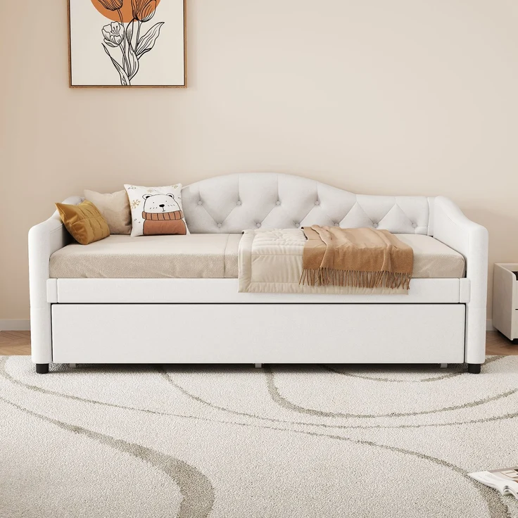 Merax Daybett, 90x200cm Tagesbett mit ausziehbarem Bett,Schlafsofa, Einzelbett(Ohne Matratze), Leinen, minimalistisches Styling, beige – Bild 3