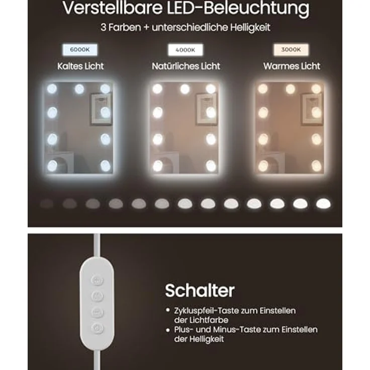 VASAGLE Schminktisch und Hocker Set, mit Spiegel und Beleuchtung | Kosmetiktisch mit 2 Schubladen, LED Licht, Organizer, Weiß, KAILYN Kollektion – Bild 4