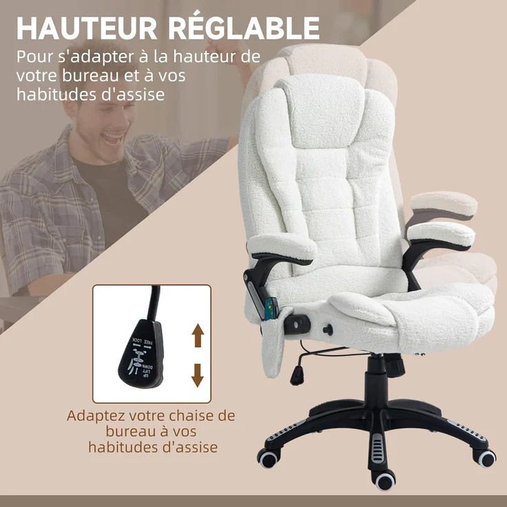 Vinsetto Bürostuhl, Massagesessel, beheizt, Bürostuhl, ergonomischer Stuhl mit Verstellbarer Höhe, neigbare Rückenlehne und Fernbedienung, kabelgebunden, 360° drehbar, Polyestergewebe, Weiß – Bild 5