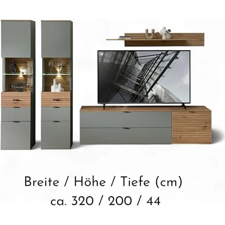 Stella Trading INA Wohnwand Komplett-Set in Schilfgrün, Artisan Eiche Optik FSC-Zertifiziert - Moderne Schrankwand 5-teilig mit LED-Beleuchtung für Ihr Wohnzimmer - 320 x 200 x 44 cm (B/H/T) – Bild 6