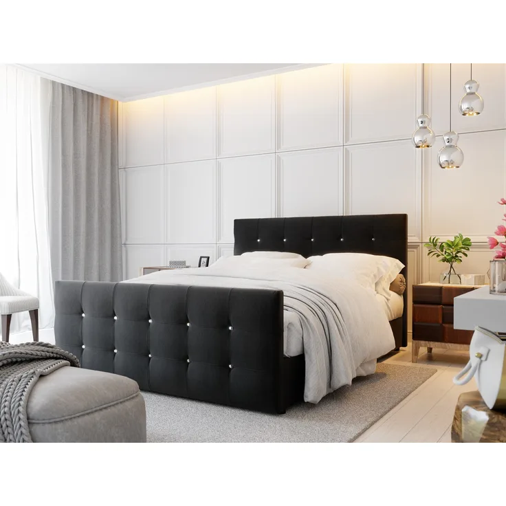 MAURO Boxspringbett 160x200cm Schwarz, inkl. 2 Bettkästen, Kaltschaum-Topper, gepolstertes Kopfteil