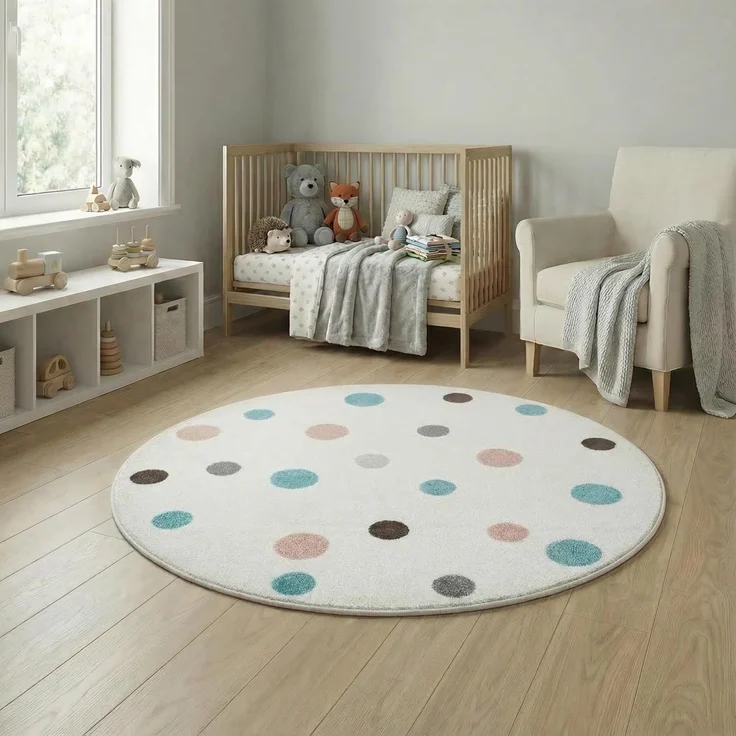 Jimri Kinderteppich DOTS l Pünktchen Gepunktet l Farbe: Beige Blau Rosa | Kinderzimmer/Jugendzimmer (Weiß, Ø 150 cm Rund) – Bild 1
