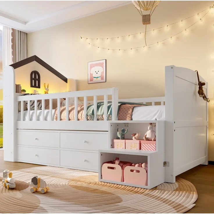 Halbhohes Kinderbett 90x200 cm in Hausform mit LED, 4 Schubladen, Regalen und Leiter, Weiß