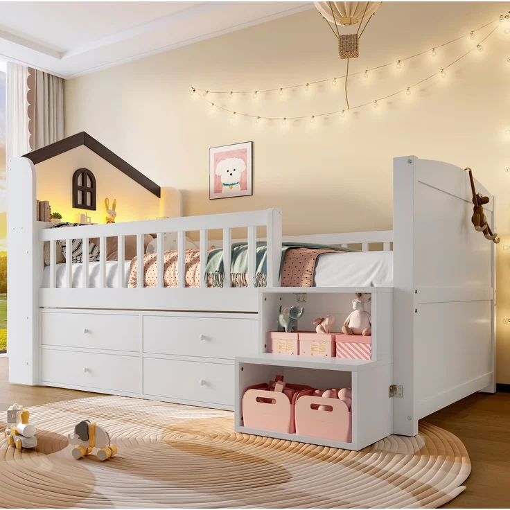 Halbhohes Kinderbett 90x200 cm in Hausform mit LED, 4 Schubladen, Regalen und Leiter, Weiß – Bild 1